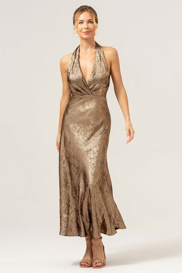 Vestido de dama de honor de sirena dorada con cuello halter sin espalda